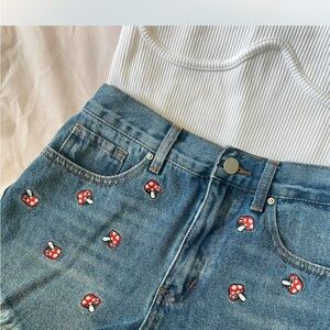Blue Denim Jeans with Mushroom Embroidery